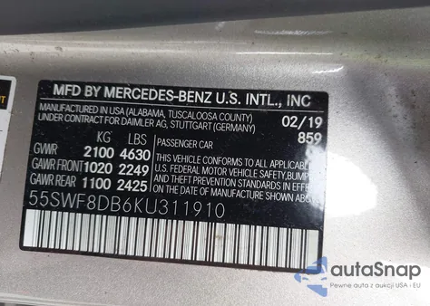 2019 Mercedes-Benz C 300 из США, поврежденный, VIN 55SWF8DB6KU311910